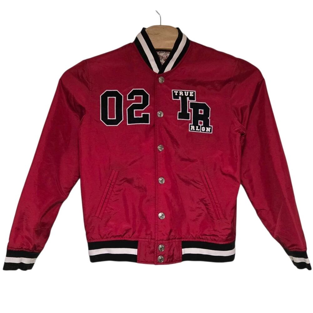True Religion Bomber Snap Button Varsity Jacket Black Red Size Medium EUC - Picture 2 of 11